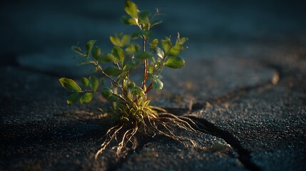 plant roots breaking through asphalt ground, resilience of life concept, cinematic lighting and shadow contrast, v7 ultra-realistic detail 