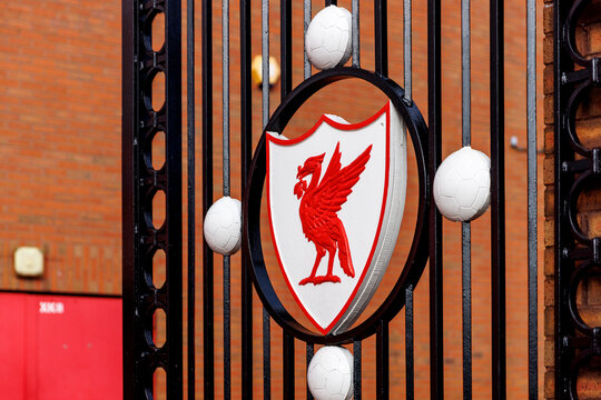 Liverpool, England - 10.08.2025: Liverpool FC Liverbird emblem on decorative stadium gate