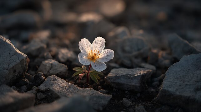 single blooming flower emerging from dark soil surrounded by broken stones, soft sunlight symbolizing hope, fine art macro realism, v7 