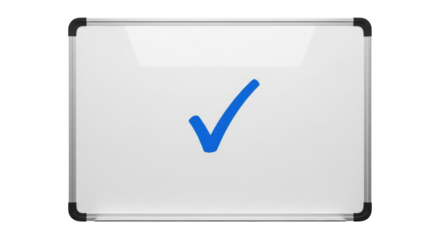 Isolated blue check mark on white board for approval, verification, acceptance, or checkbox