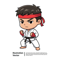 Cartoon Karate Fighter Determined Warrior with Red Headband and Karate Gi in Combat Stance