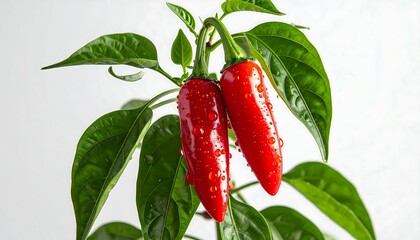 Two ripe, red chili peppers hang amidst green foliage, glistening with water droplets against a white backdrop