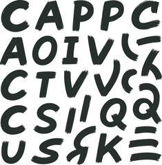 Dark Gray Brush Stroke Letters and Symbols on White Background alphabet hand drawn