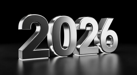 Gleaming chrome 2026 year numerals against a dark backdrop symbolizing the upcoming new year