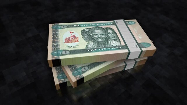 Eritrea Nakfa Eritrean money pile pack. Concept background of economy, banking, business, crisis, recession, debt and finance. 20 ERN banknotes stacks 3d animation.