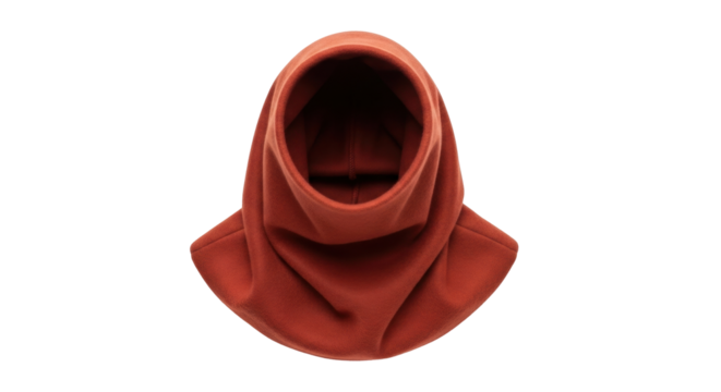 Isolated warm headwear, hooded balaclava mask in red, warm protection from cold winds