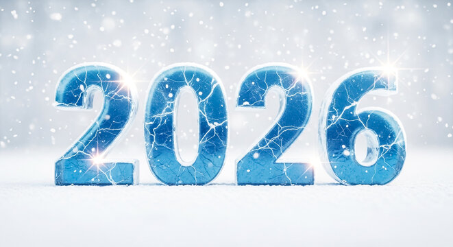 Icy blue 2026 numerals with cracks and sparkling lights in a snowy winter wonderland scene - Powered by Adobe
