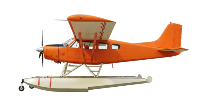 Isolated Orange Seaplane Airplane Ready to Take Off with a propeller and no background