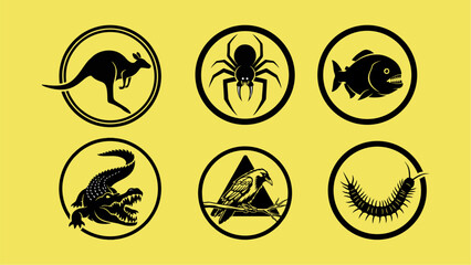 Animal Icon Set Diverse Wildlife Symbols in Circular Black and Yellow Design