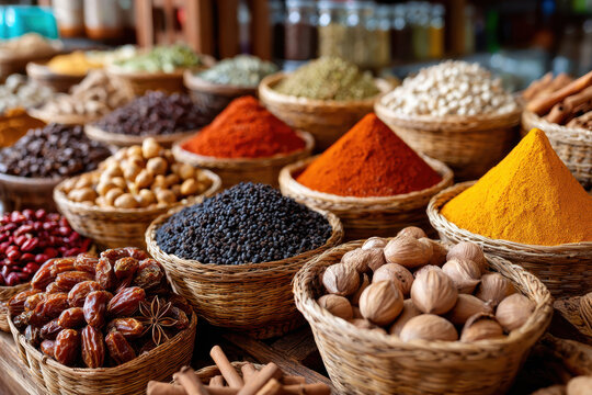 Colorful spices and nuts in wicker baskets at a market