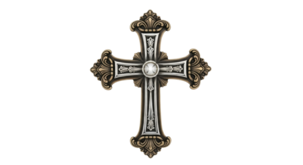 Isolated ornate metallic Christian cross symbol, religious sign of faith and Christianity