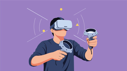 Man Immersed in Virtual Reality Experience with VR Headset and Controllers