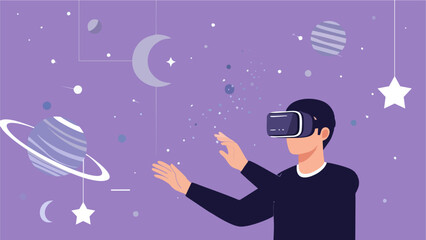 Immersive VR Experience Man Exploring Virtual Outer Space