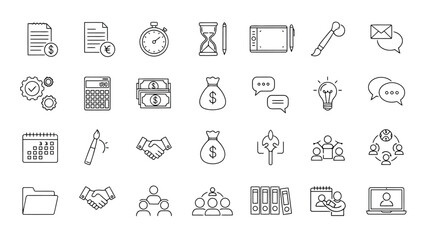 Outline vector icons for finance, business, communication, planning, productivity and digital apps.
