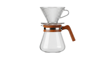 Isolated coffee dripper on pitcher, a contemporary design with a wooden handle for pour overs
