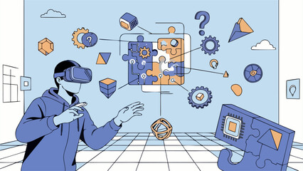 Man Using VR Headset Solving Digital Puzzle Virtual Reality Technology Concept