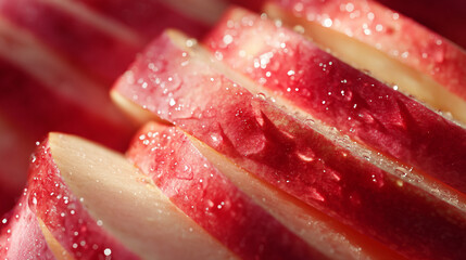 Close up of sliced red apple with water droplets glistening in the light creating a fresh look
