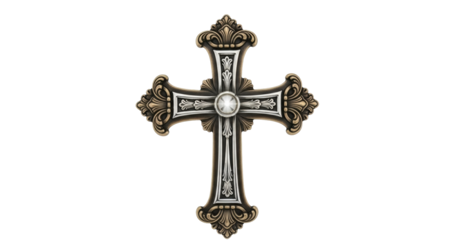 Isolated ornate metallic Christian cross symbol, religious sign of faith and Christianity