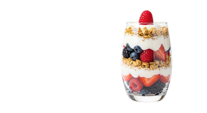 Isolated breakfast yogurt parfait with fresh berries, granola, and creamy yogurt in glass