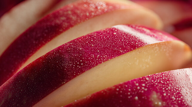 A close up of sliced red apples with water droplets in a row showing the fresh fruit texture