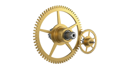 Isolated Gold gears interlocking, cogwheels mechanisms, mechanical parts, design element