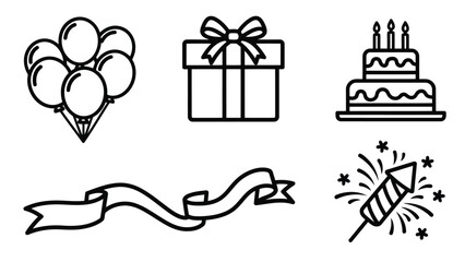 Gift and celebration outline icons with presents, balloons, ribbons, and festive elements.