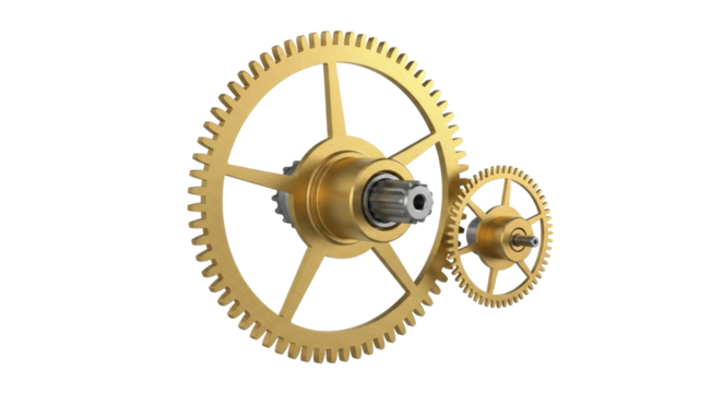 Isolated Gold gears interlocking, cogwheels mechanisms, mechanical parts, design element