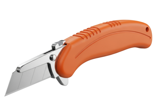 Isolated retractable utility knife with orange handle, box cutter for commercial use