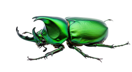 Isolated Green Jewel Scarab Beetle with Prominent Horns Standing, Exotic Tropical Insect