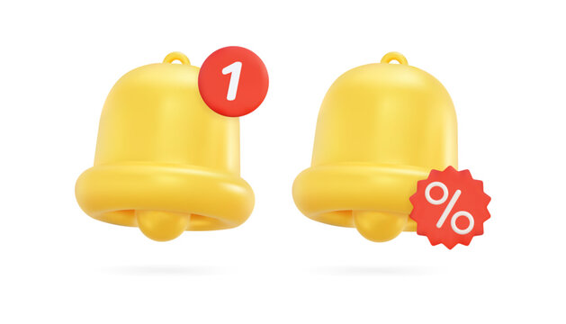 3D golden bell icons with notification badge and discount label isolated on white background for app alerts, sale banners and festive holiday design