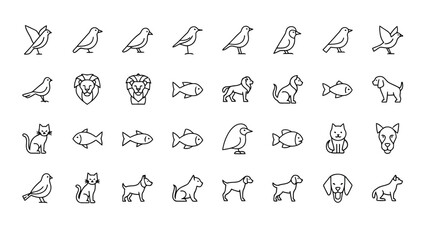 Minimal animal and pet outline icons of birds, dogs, cats, fish, wildlife, and nature.