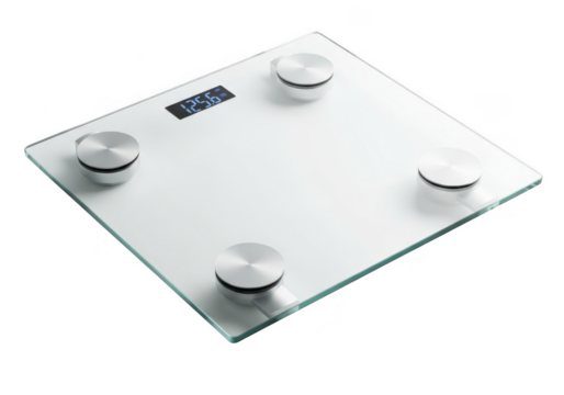 Modern white glass digital bathroom scale with silver feet isolated on transparent background