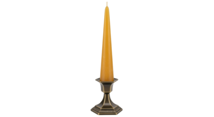 Isolated vintage golden candle holder with an unlit yellow candlestick for antique look