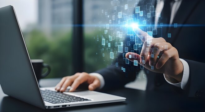 Businessman interacting with digital data on laptop high tech future concept