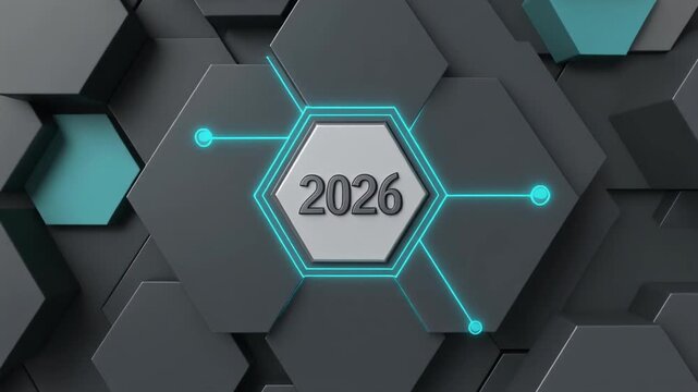 Abstract Hexagonal Pattern with Year 2026 in Center.