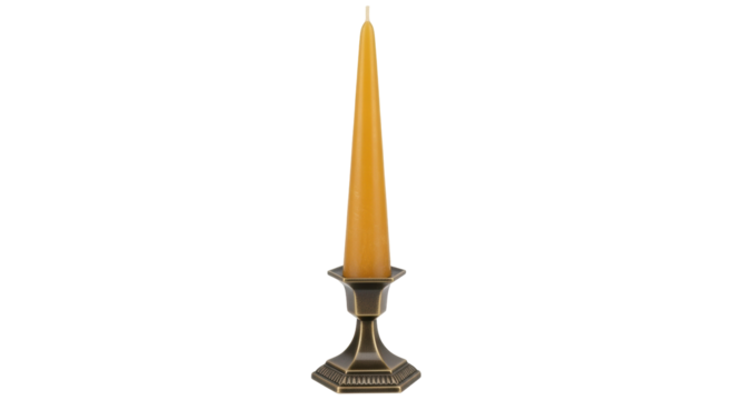 Isolated vintage golden candle holder with an unlit yellow candlestick for antique look