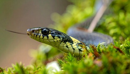 A vibrant snake slithers atop lush moss, its forked tongue exploring