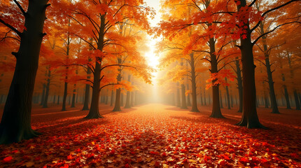 Autumn forest scenery with vibrant orange and red leaves covering ground creating warm and inviting atmosphere perfect background for seasonal projects and scenic designs