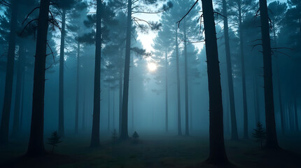 Eerie forest with thin trees and foggy atmosphere creating mysterious and slightly scary scenery with faint sunlight breaking through perfect for wallpapers and backgrounds