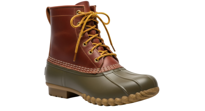 Isolated brown and green leather boots with yellow laces for outdoor wear on display