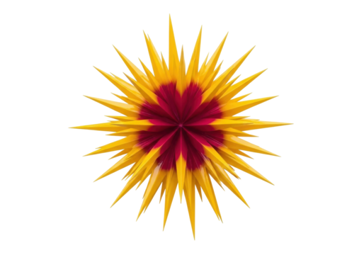 Isolated spiky geometrical shape with yellow petals and red core, artistic, elegant, 3D
