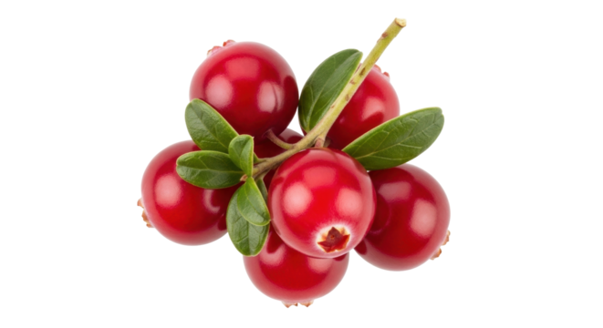 Isolated closeup of fresh red cranberries with leaves arranged in cluster on vine
