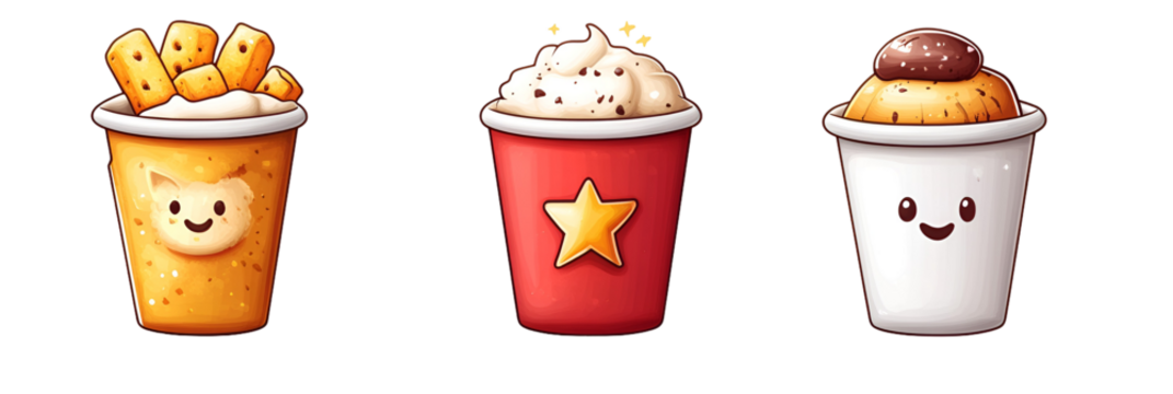 Four colorful beverage containers with food toppings