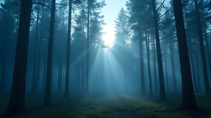 Ethereal forest scene with mist and sunlight shining through tall trees creates magical atmosphere in woodland during early morning hours in nature