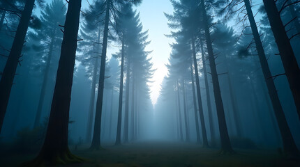 Foggy forest landscape showcasing tall trees creating sense of depth and perspective with mystical atmosphere and natural beauty in serene environment perfect background