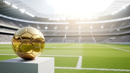 Fototapeta premium Golden soccer ball trophy on display at stadium podium against blurred grandstands and field