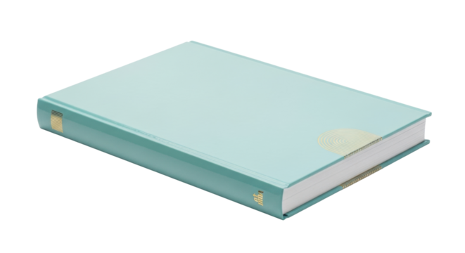 Isolated book with turquoise hardcover, golden decoration and blank cover for writing