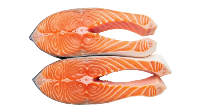 Isolated raw salmon steaks, uncooked fish slices, fresh seafood ingredients, healthy eating