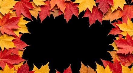 Fototapeta premium A beautiful frame of vibrant red, yellow, and orange autumn maple leaves arranged on a solid black background, creating a natural border with empty space