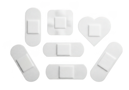 Collection of various shaped adhesive bandages isolated on transparent background